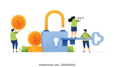 Vector illustration of safe and secure on protecting financial data. Visual metaphor for financial protection. Safeguarding financial data with giant lock. Can use for ad, poster, campaign, website