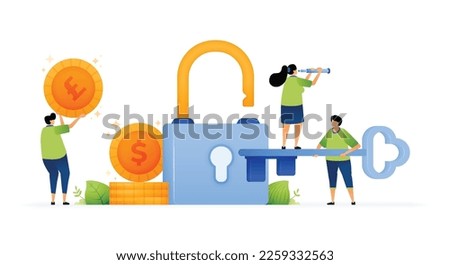 Vector illustration of safe and secure on protecting financial data. Visual metaphor for financial protection. Safeguarding financial data with giant lock. Can use for ad, poster, campaign, website