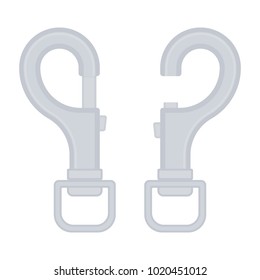 Vector illustration of safety carabiner clip isolated on white background. Carbine clip, open and closed in flat style. Dog leash fastener.