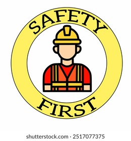 Ilustración vectorial del primer símbolo de seguridad con Imagen de la persona que lleva casco y chaleco 