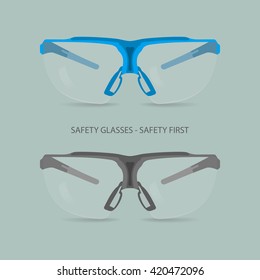 Vector illustration of safety glasses. Two pieces, one in blue tones, one in grey tones.