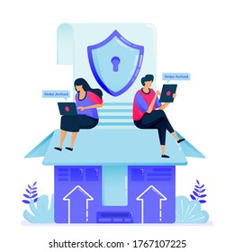 Vector illustration for safety guarantee in cargo shipments. Security box in  delivery and import of e-commerce products. Can be used for landing page, website, web, mobile apps, posters, flyers