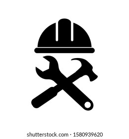 Vector illustration of a safety helmet with a hammer and wrench on a white background, Labor Day concept