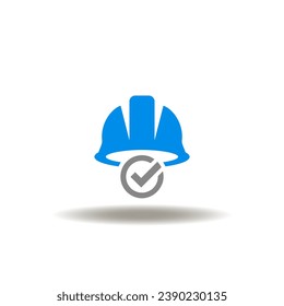 Vector illustration of safety helmet or hard hat with check mark. Icon of safety first. Symbol of protection standards.