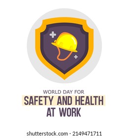 Vector illustration of safety helmet and health symbol in shield icon. World Day for Safety and Health at Work celebration background, banner, or poster.