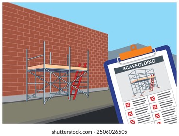 Vector illustration of safety inspection checklist document with paper board holder for incomplete scaffolding installation. Red checkmark point of missing item.