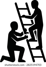 Vector illustration of safety teamwork with one person holding the base of a ladder for support while another person climbs up