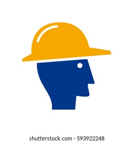 Vector illustration, safety work concept. Worker with helmet