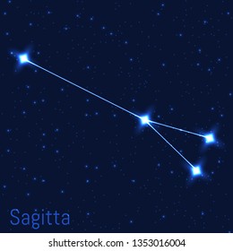 Vector illustration of Sagitta constellation. Astronomical Arrow. Cluster of realistic stars in the dark blue starry sky.