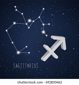 Vector illustration of Sagittarius 3D symbol and constellation on the background of starry sky