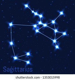 Vector illustration of Sagittarius constellation. Astronomical Archer. Zodiac sign. Cluster of realistic stars in the dark blue starry sky.