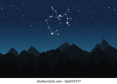 Vector illustration of Sagittarius constellation on the background of starry sky and night mountain