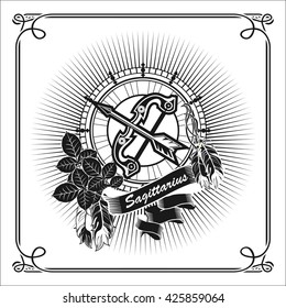 vector illustration Sagittarius, horoscope frame in vintage black and white