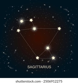 Una Ilustración vectorial de la constelación del zodíaco de Sagitario sobre un fondo estrellado. Perfecto para su uso en astrología, horóscopo, astronomía y diseños celestiales.