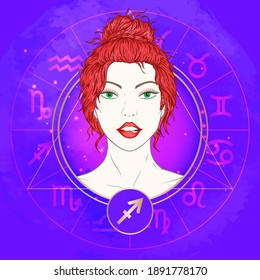 Vector illustration of Sagittarius zodiac sign and portrait beautiful girl on abstract background with horoscope circle. Mysticism, esoteric, astrology. Fire element.