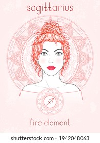 Vector illustration of Sagittarius zodiac sign, portrait beautiful girl and horoscope circle. Fire element. Mysticism, predictions, astrology. 