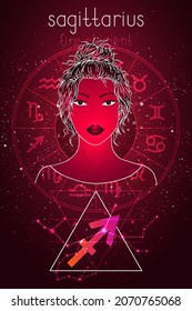 Vector illustration of Sagittarius zodiac sign, constellation and portrait beautiful girl on abstract background with horoscope circle. Mysticism, esoteric, astrology. Fire element.