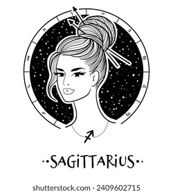 Vector illustration of Sagittarius zodiac sign line art female face portrait with circle