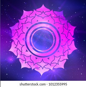 Vector illustration of Sahasrara chakra on outer space ultraviolet background.