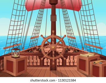 Vector illustration of sail boat bridge view. Background for games and mobile applications. Sea battle or traveling  concept.