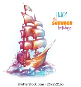 Vector illustration of sail ship with label.