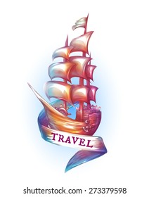 Vector illustration of sail ship with label.