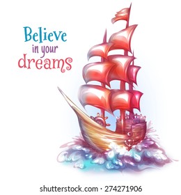 Vector illustration of sail ship with sea.