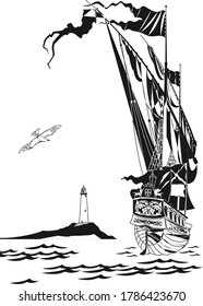 Vektorgrafik des Segelschiffs und des Turmlichthauses auf der Skyline. Bearbeitbarer Hintergrund
