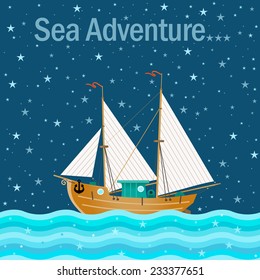 Vector illustration with sailboat. Old schooner sails on the sea