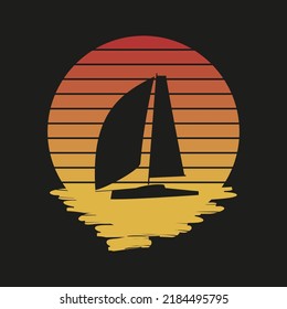 Vector illustration of the sailboat on the horizon of the sun. Summer theme vector logo design.