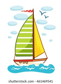 Vector illustration of a sailboat on the sea. Ship with a flag floating on the water on a background of clouds. Picture in cartoon style.
