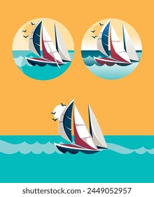 Vector illustration with the sailboat on the waves. Sunny days, Marine, 