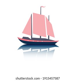 Vector illustration of a sailboat with pink sails and reflection in the water isolated on white background.