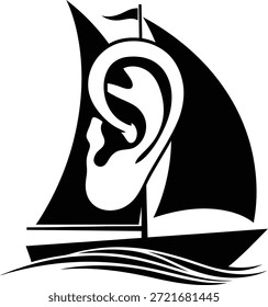 Ilustración vectorial de un velero con la vela en forma de oreja humana que simboliza la escucha de la naturaleza, las ondas sonoras, la audición del viento, y el viaje pacífico aislado en el fondo blanco