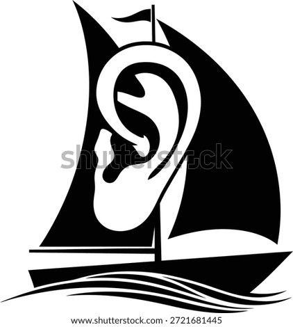 Vector illustration of a sailboat with the sail shaped like a human ear symbolizing listening to nature, sound waves, hearing the wind, and peaceful voyage isolated on white background