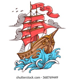 Vector Illustration Of Sailboat Sailing On The Sea