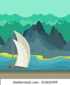 Vector illustration sailboat sailing seascape mountains in the background