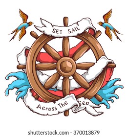 Vector Illustration Of Sailboat Steering With Birds, Banner and Water