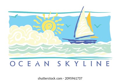 Vector illustration of sailboat in stripped style. Art in stylized strokes.