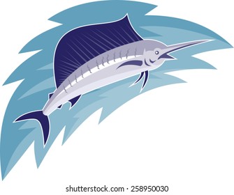 vector illustration of a sailfish jumping done in art deco retro style.