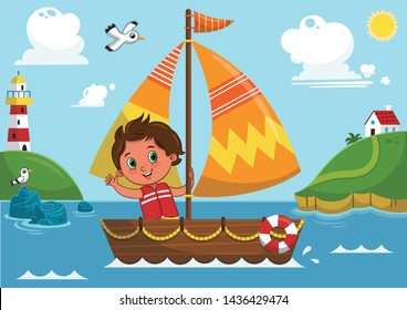 Vector illustration of a boy’s sailing adventure.
