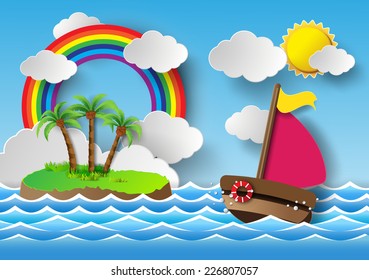 Vector illustration sailing boat and cloud with rainbow.paper art style.