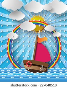 Vector illustration sailing boat and cloud with rain.paper art style.