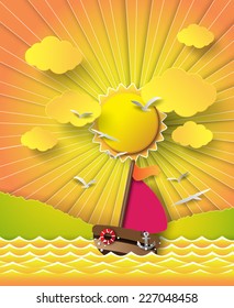 Vector illustration sailing boat and clouds with sun beam.paper cut style.