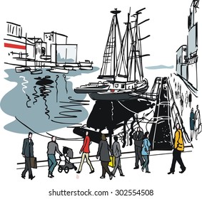 Vector illustration of sailing boat and people, Auckland wharves,New Zealand.