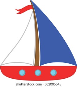 vector illustration of a sailing boat with a red hull and white and blue sails