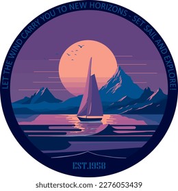 Vector illustration of sailing boat. Sail in the sea or ocean. Boat at sunset. or sunrise. Sail logo.