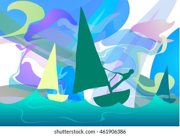Vector illustration. Sailing. Boat silhouettes on colorful abstract background.