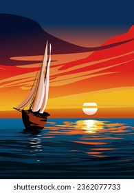 Vector illustration of sailing boat at sunset