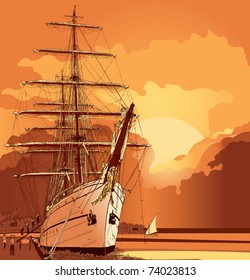 vector illustration of a sailing boat at sunset